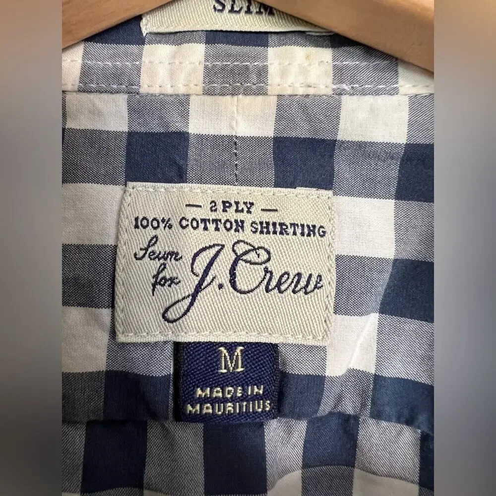 J crew gingham button down shirt blue and white checkered 100% cotton slim cut